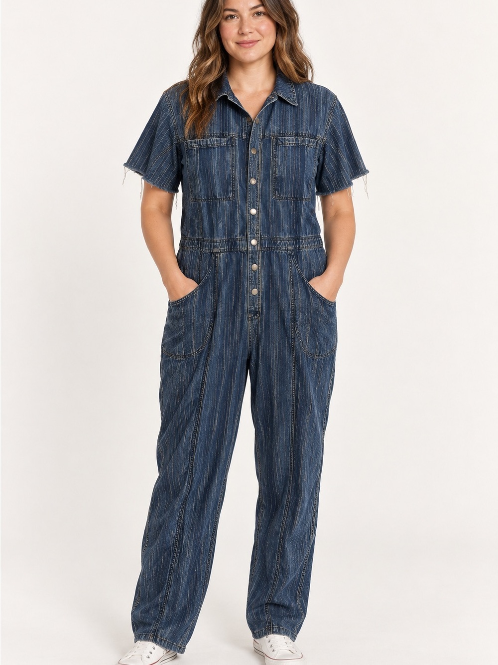 We The Free Blue Short-Sleeve Denim Jumpsuit